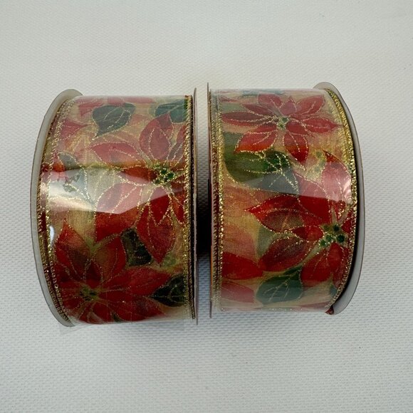 2 Rolls Home Accents Holiday Wired Edge Ribbon 2.5in x 100ft Poinsettia Crafts - Picture 1 of 6